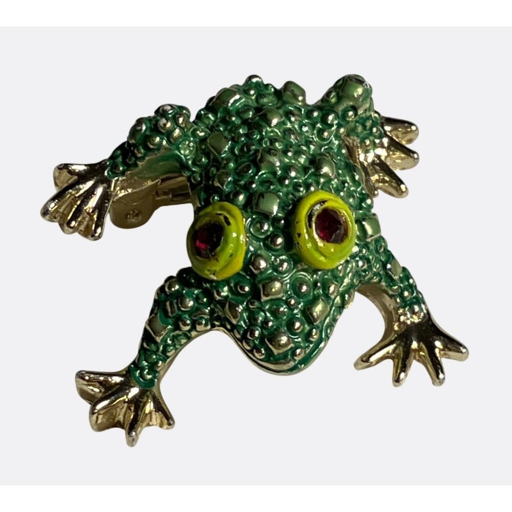 Vintage Green Frog Brooch Pin With Rhinestone Eyes & Gold-Tone Finish